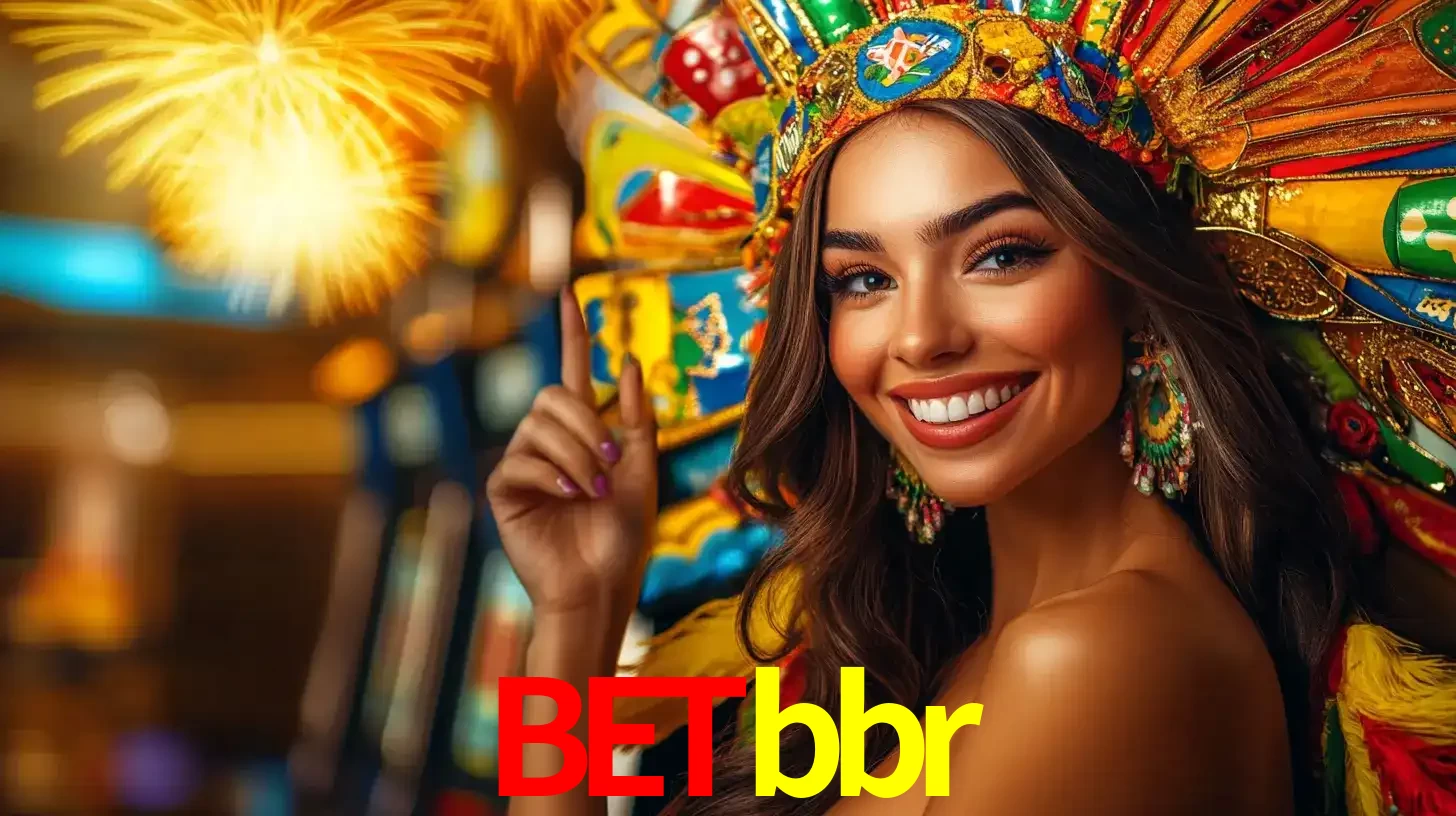 Mulher sorridente com um cocar de carnaval vibrante e colorido, celebrando uma grande vitória nos jogos do cassino betbbr com fogos de artifício ao fundo.