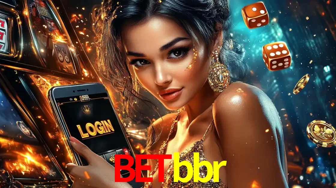 Mulher glamourosa segurando um celular com a tela de login do cassino betbbr, rodeada por dados e moedas douradas, pronta para começar a diversão.