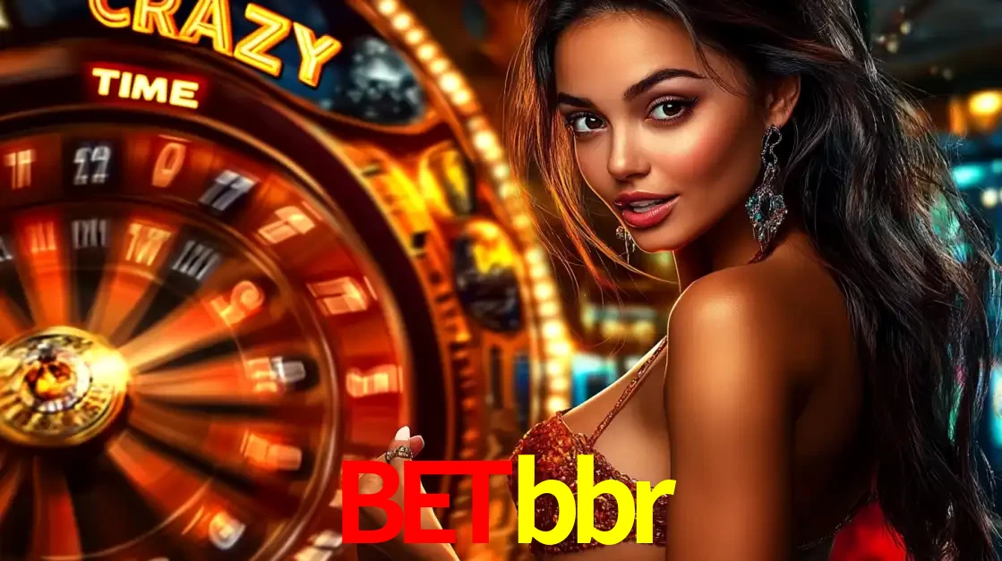Mulher ao lado da roda de prêmios do jogo de cassino ao vivo Crazy Time, um dos shows de jogos mais emocionantes oferecidos pela plataforma de apostas betbbr.