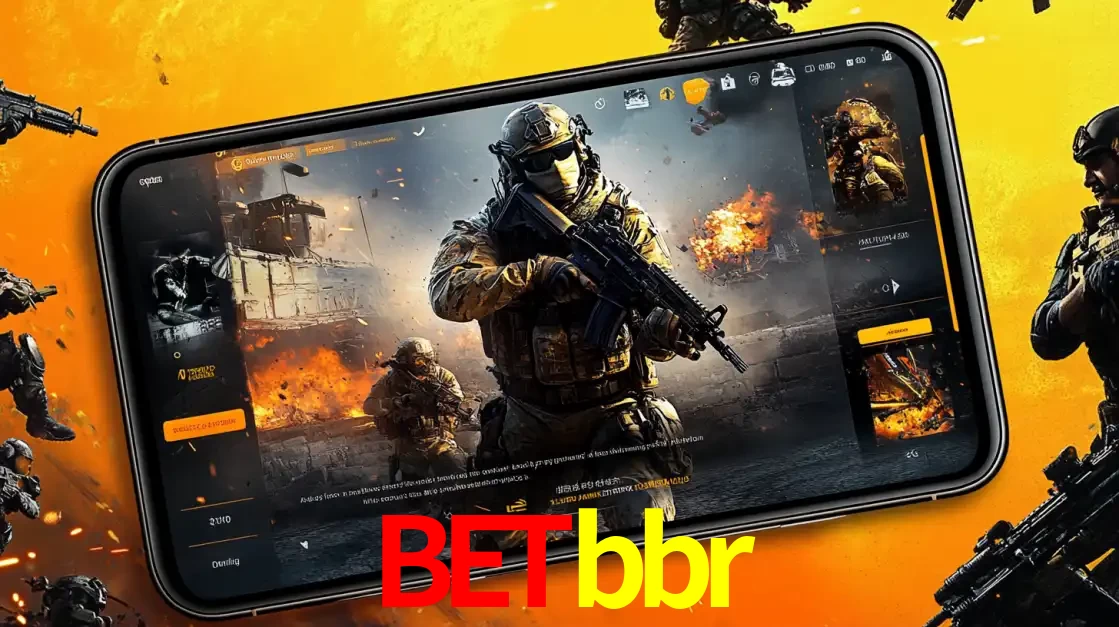 Um smartphone exibindo a interface de um jogo de tiro em primeira pessoa, com um soldado em um cenário de batalha, representando a ação dos e-sports para apostar no betbbr.