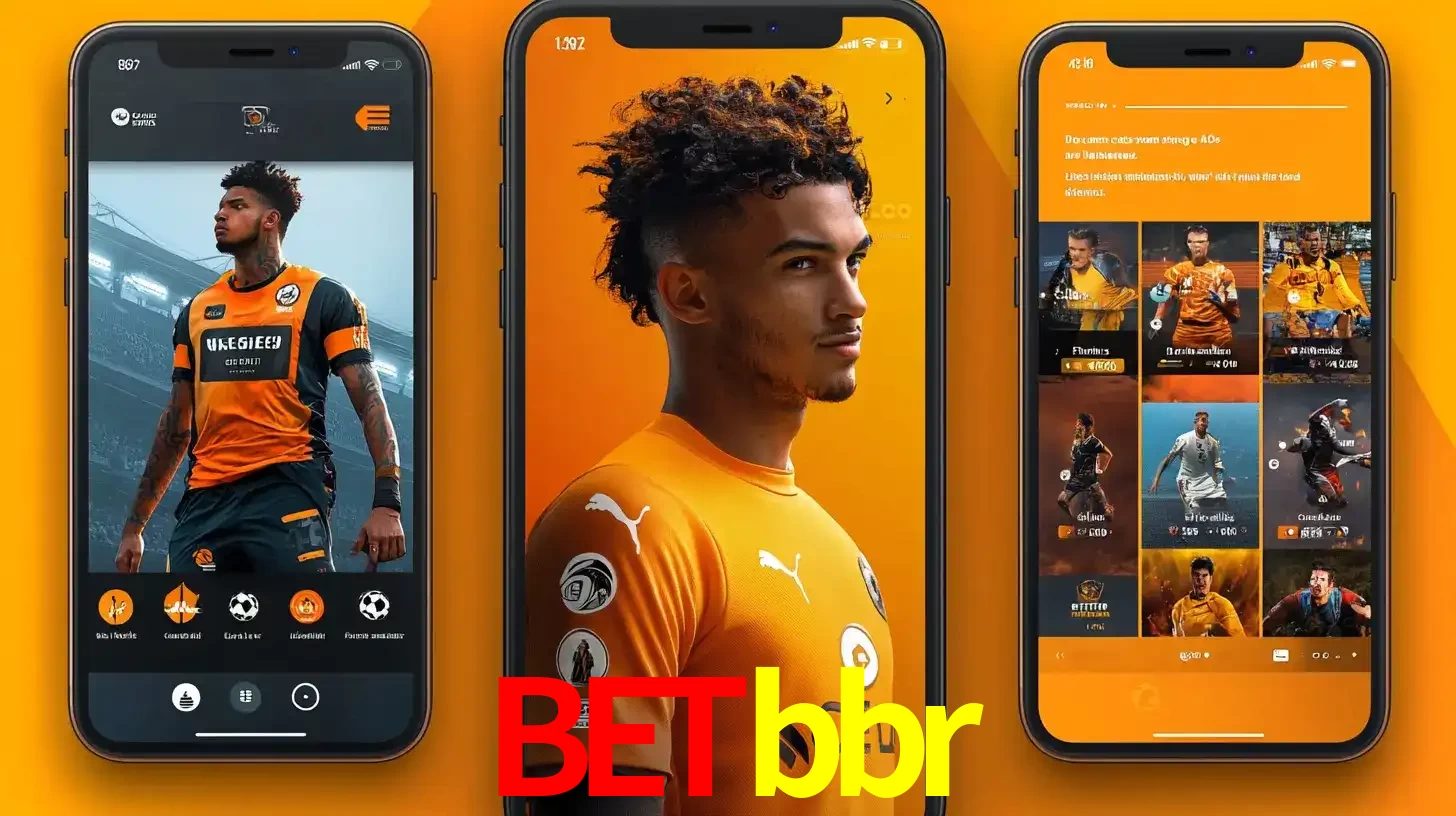 Interface do aplicativo de apostas esportivas betbbr em três telas de celular, mostrando o perfil de um jogador de futebol e a lista de jogos disponíveis para apostar.