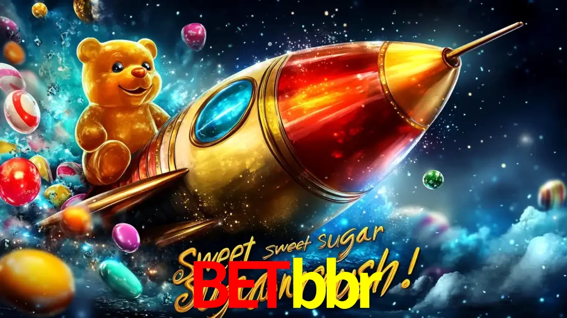Arte promocional do jogo de slot Sugar Rush, com um urso de pelúcia em um foguete viajando pelo espaço de doces, um dos jogos divertidos disponíveis no cassino betbbr.