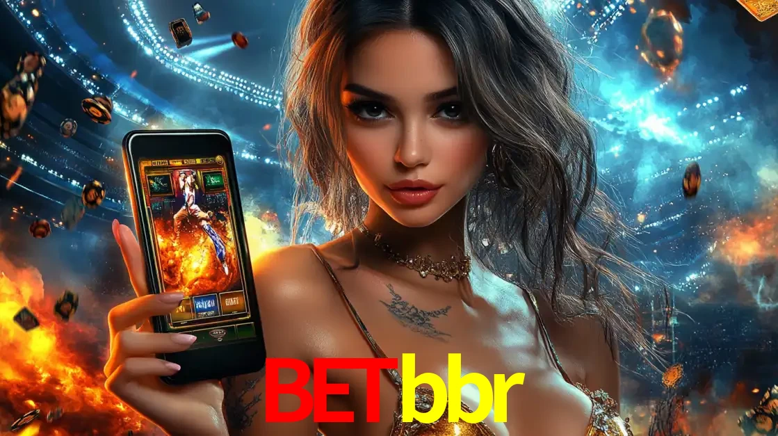 Mulher segurando um celular com um jogo de slot em destaque, tendo como fundo um estádio vibrante, simbolizando a emoção de jogar no cassino móvel betbbr.