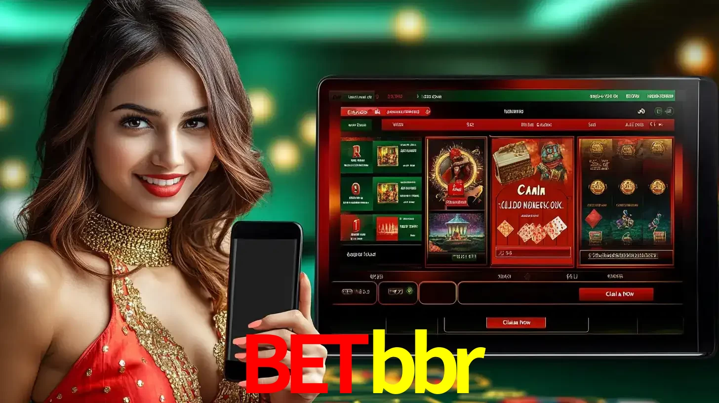 Mulher sorridente segurando um smartphone, ao lado de uma tela exibindo o lobby de jogos do cassino online betbbr, com várias opções de jogos de cartas e slots.
